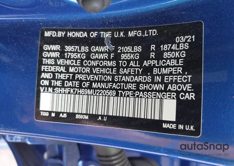 2021 Honda Civic Ex from USA, damaged, VIN SHHFK7H69MU220569